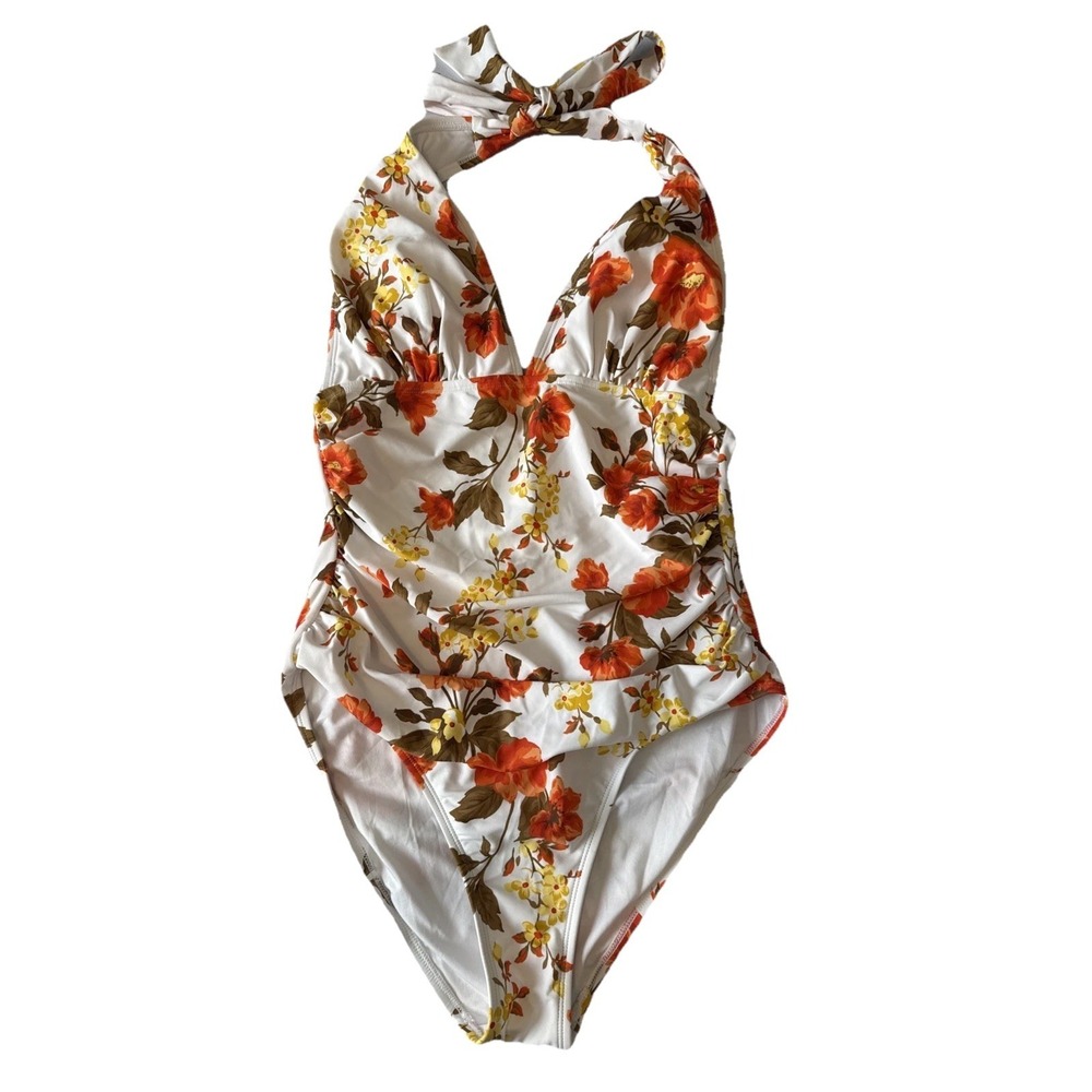 Cupshe Tropical Floral Blooming Shirred Halter One Piece Swimsuit M Resort Sexy‎